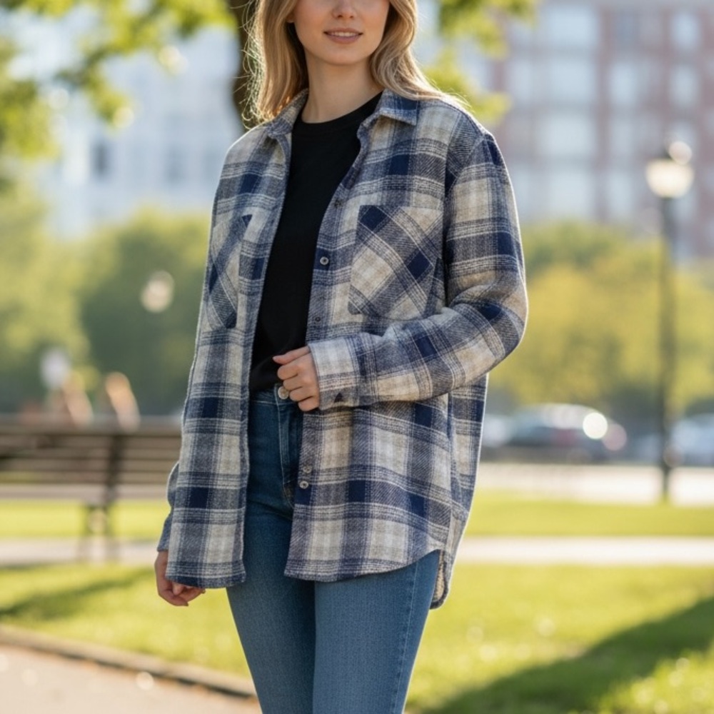 Flag & Anthem Stitchfix Casual Blue and Cream Plaid Boyfriend shirt